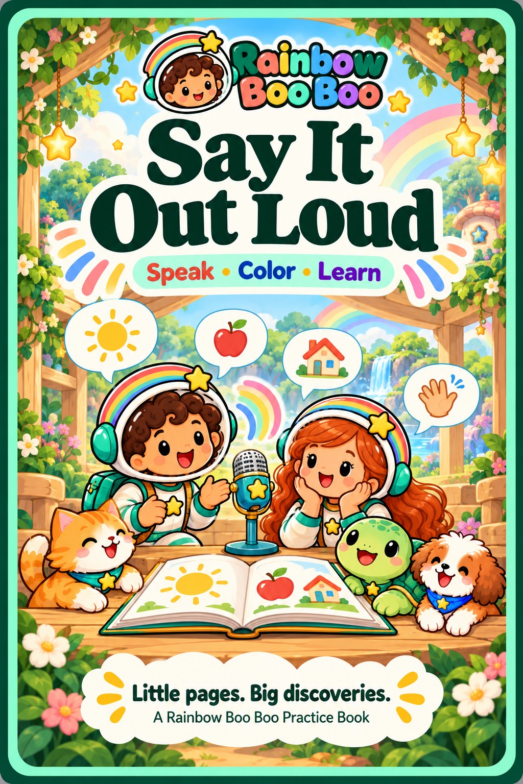 Say It Out Loud practice book cover with two children sharing words, pictures, and a microphone.
