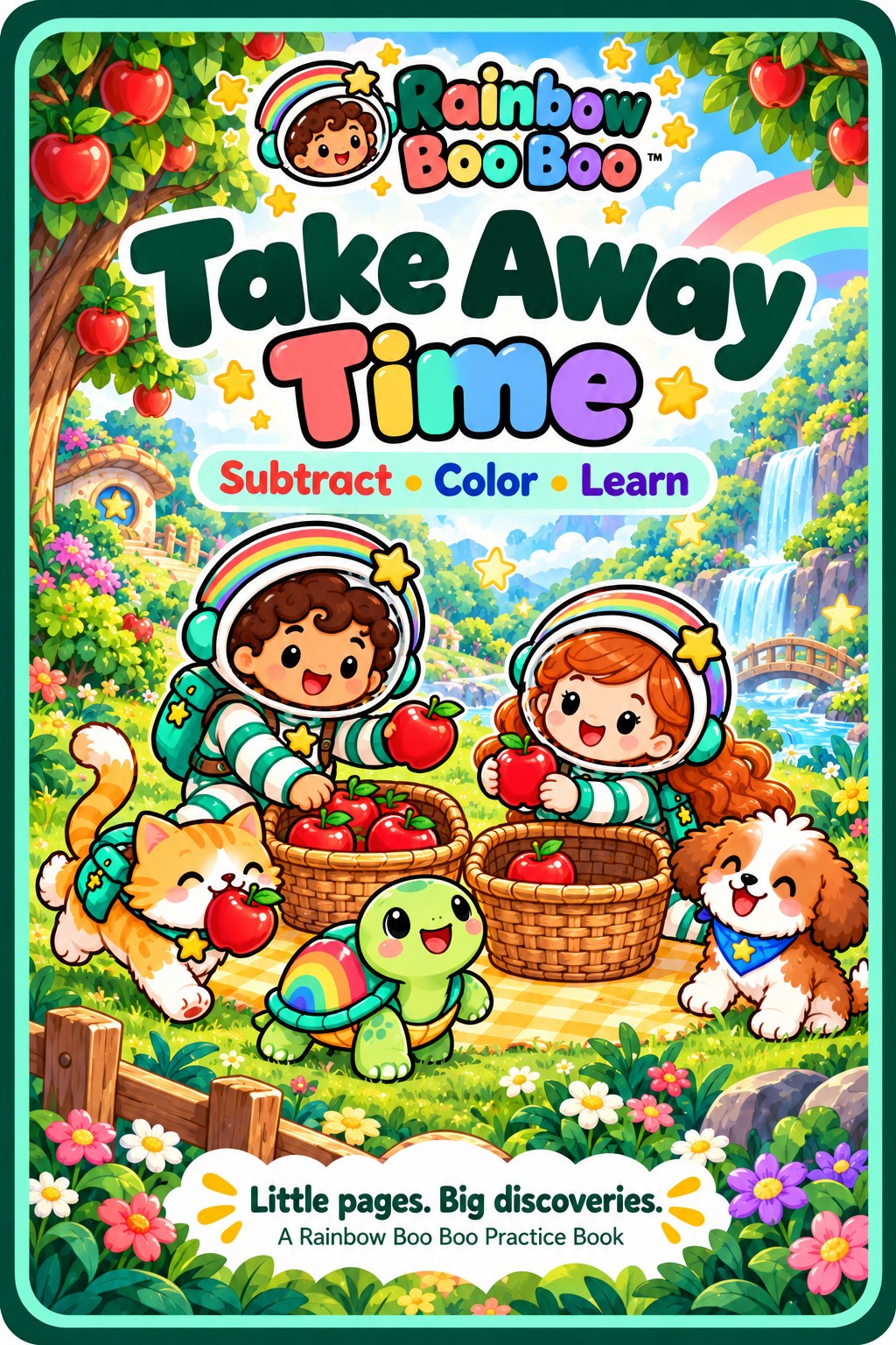 Take Away Time practice book cover with apples, two children, a cat, turtle, and dog.