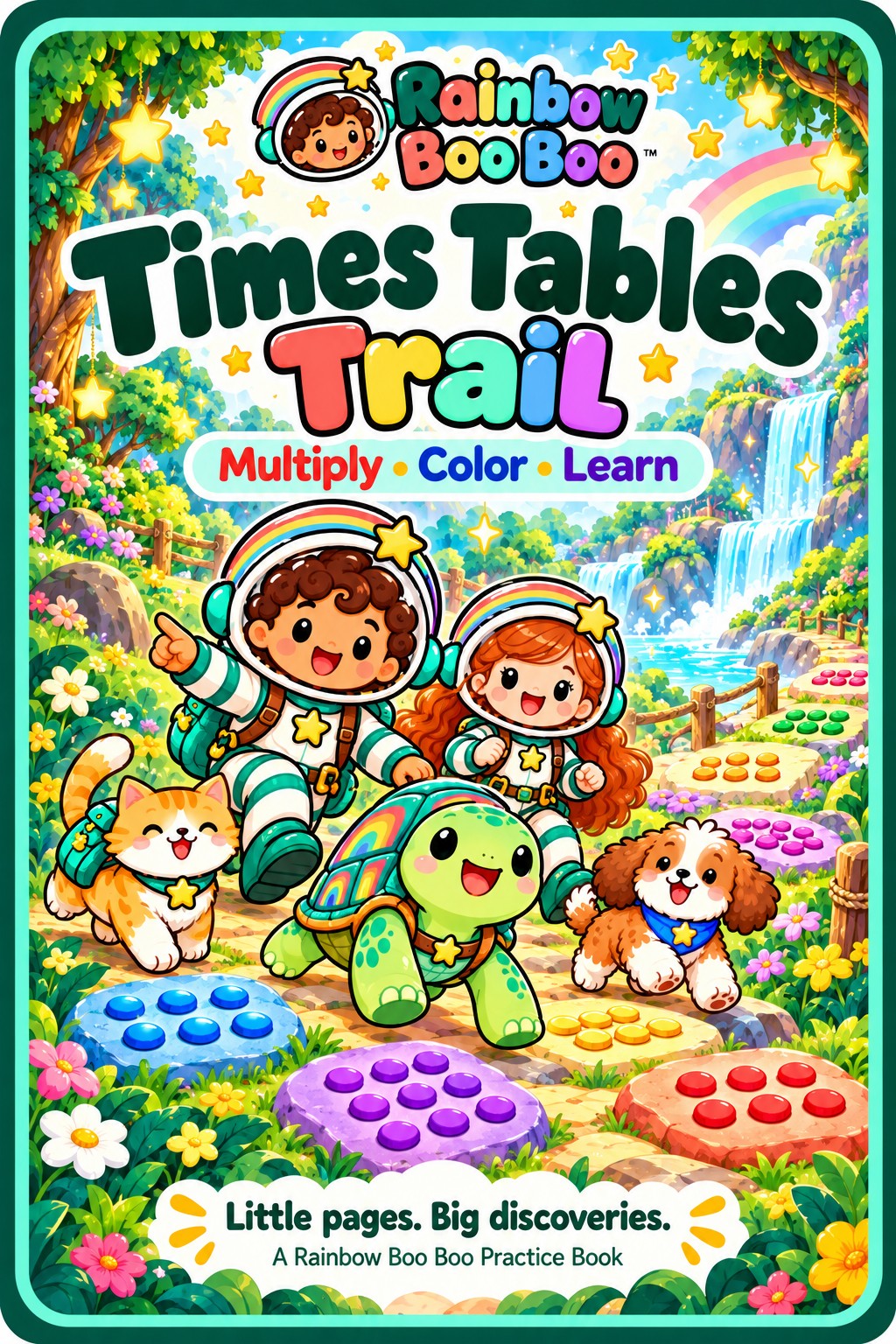 Times Tables Trail practice book cover with children and animal friends following colored number paths.