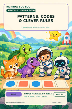 Illustrated characters following a path of colored shapes in a green outdoor scene.
