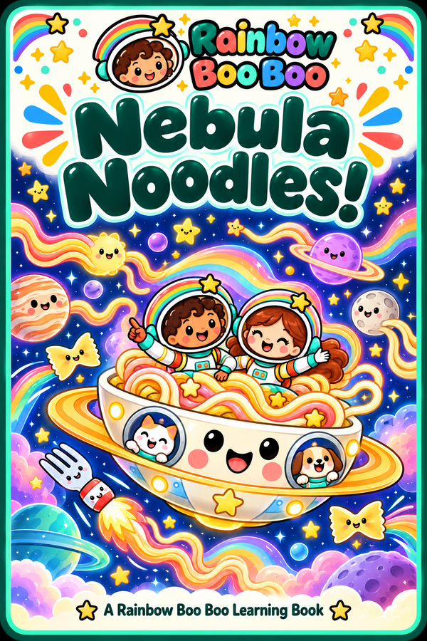 Nebula Noodles book cover with two astronauts riding in a bowl of colorful noodles in space.