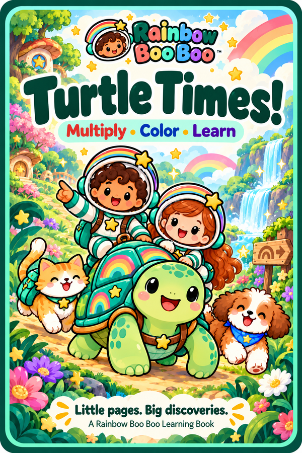 Rainbow Boo Boo Turtle Times multiplication coloring book cover, with turtle groups and a 2 × 2 example.