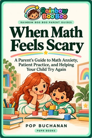 Book cover: a parent and a child smiling over an open book with colorful blocks. Title: When Math Feels Scary.