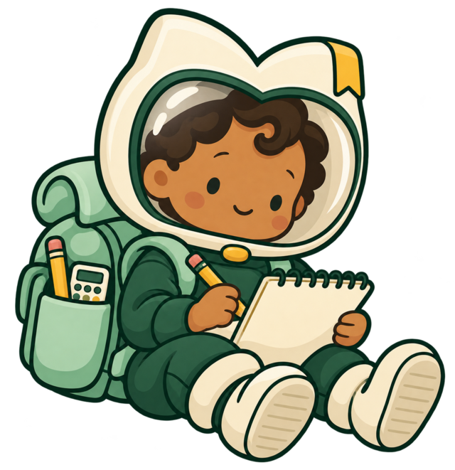 The Kid Journey Explorer, a smiling child in a green suit holding a sketchbook.